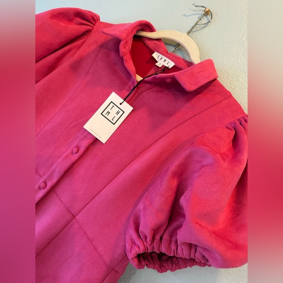 NWT THML Pink Suede Puff Sleeve Collared Button A-Line Dress M - Picture 4 of 6